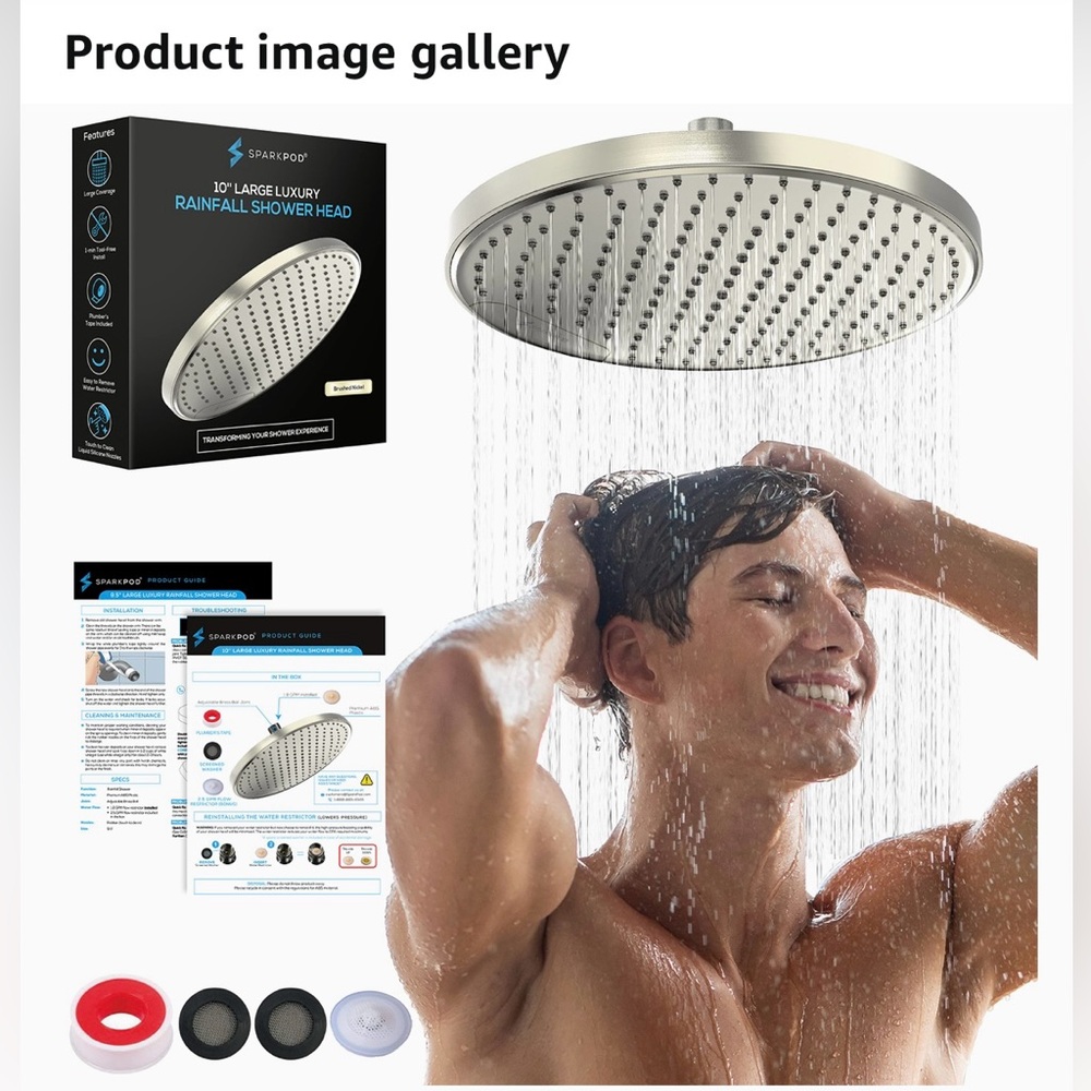 Sparkpod 10” Large Luxury Rainfall Showerhead in Elegant Brushed Nickel